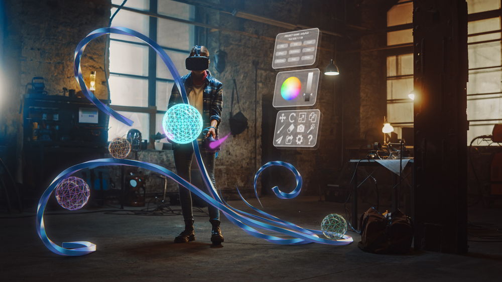 Talented,Female,Artist,Wearing,Augmented,Reality,Headset,Working,On,Abstract