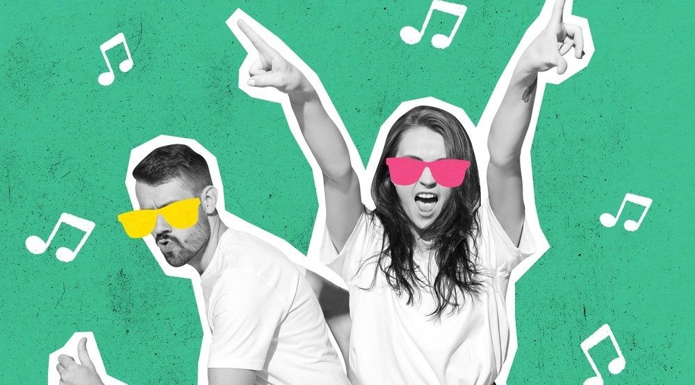 Wow emotions and music. Stylish couple dancing on bright background. Modern design, contemporary art collage. Inspiration, idea, trendy urban magazine style. Negative space to for ad.